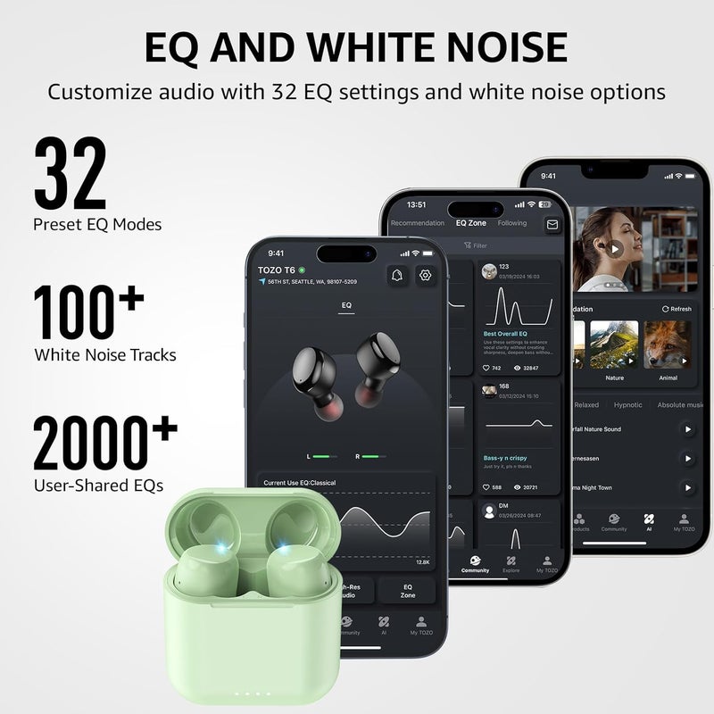 TOZO T6 Wireless Earbuds, Bluetooth 5.3 Ear Buds, Stereo Sound in Ear Headphones, 50 Hours Playtime, Wireless Charging Case, APP Customizable EQs, IPX8 Waterproof Earphones - Image 3